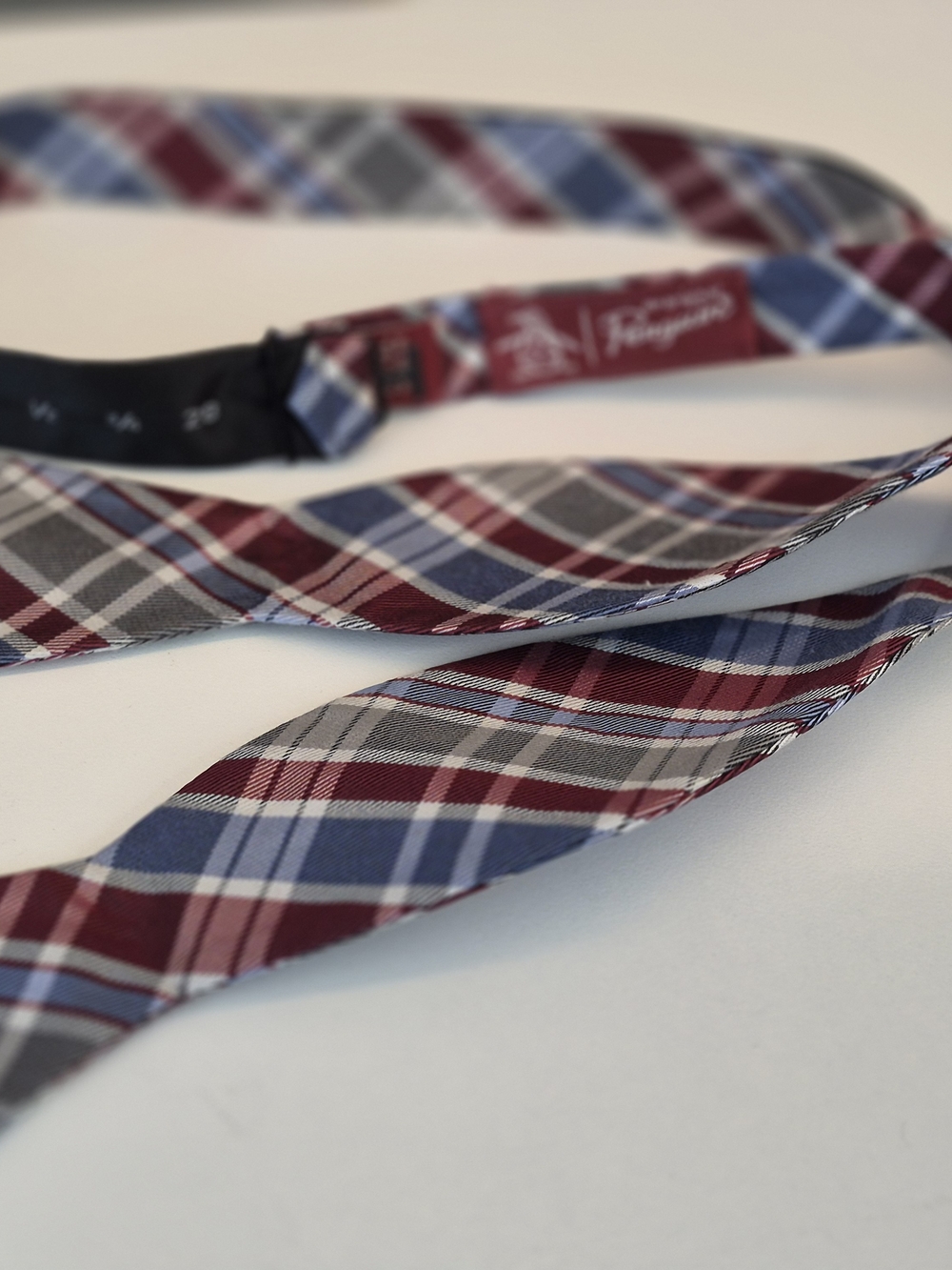 Original Penguin Plaid Tartan Self-Tie Bow Tie in Burgundy, Blue & Gray